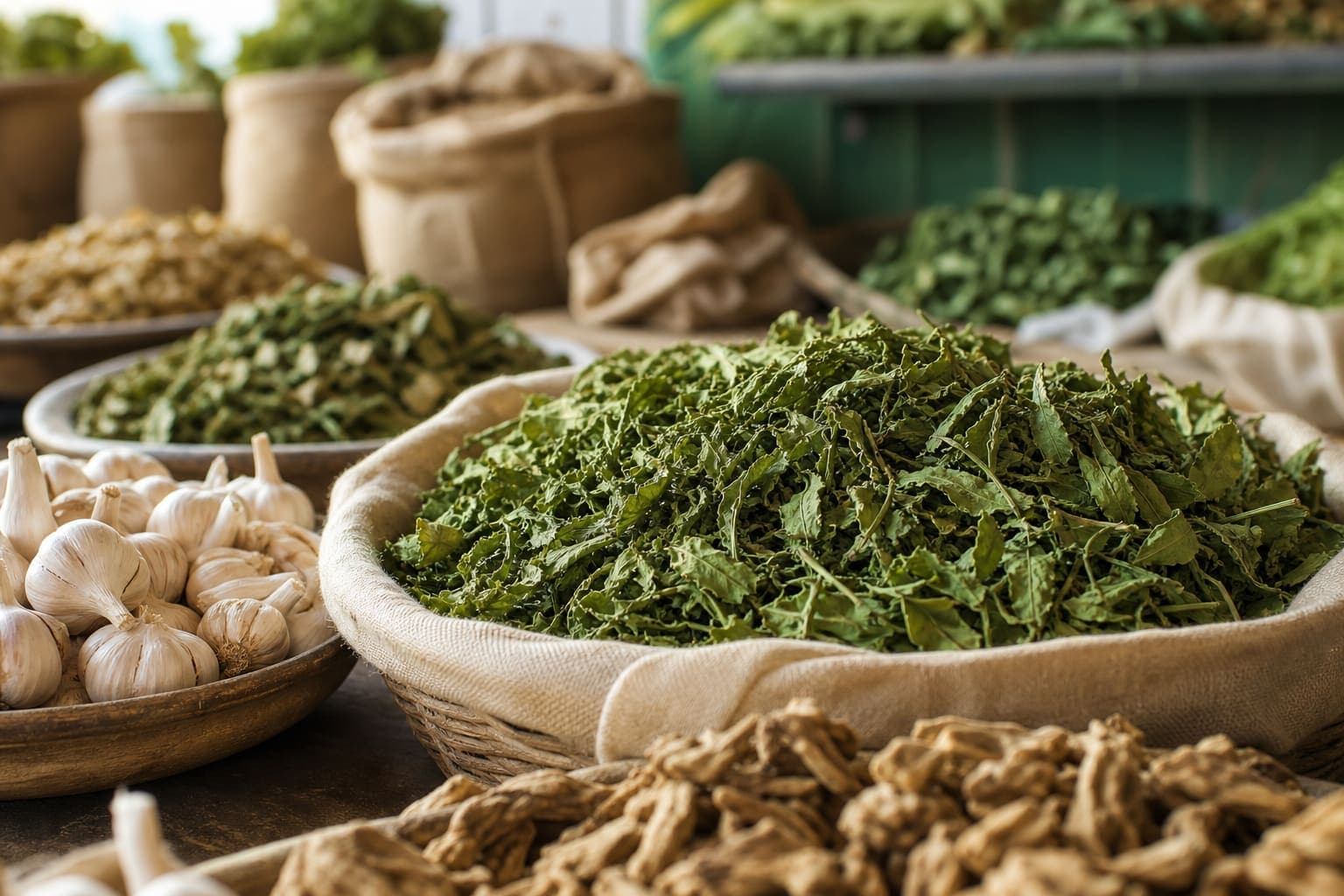Herbal and agricultural produce prepared in a clean wholesale workspace