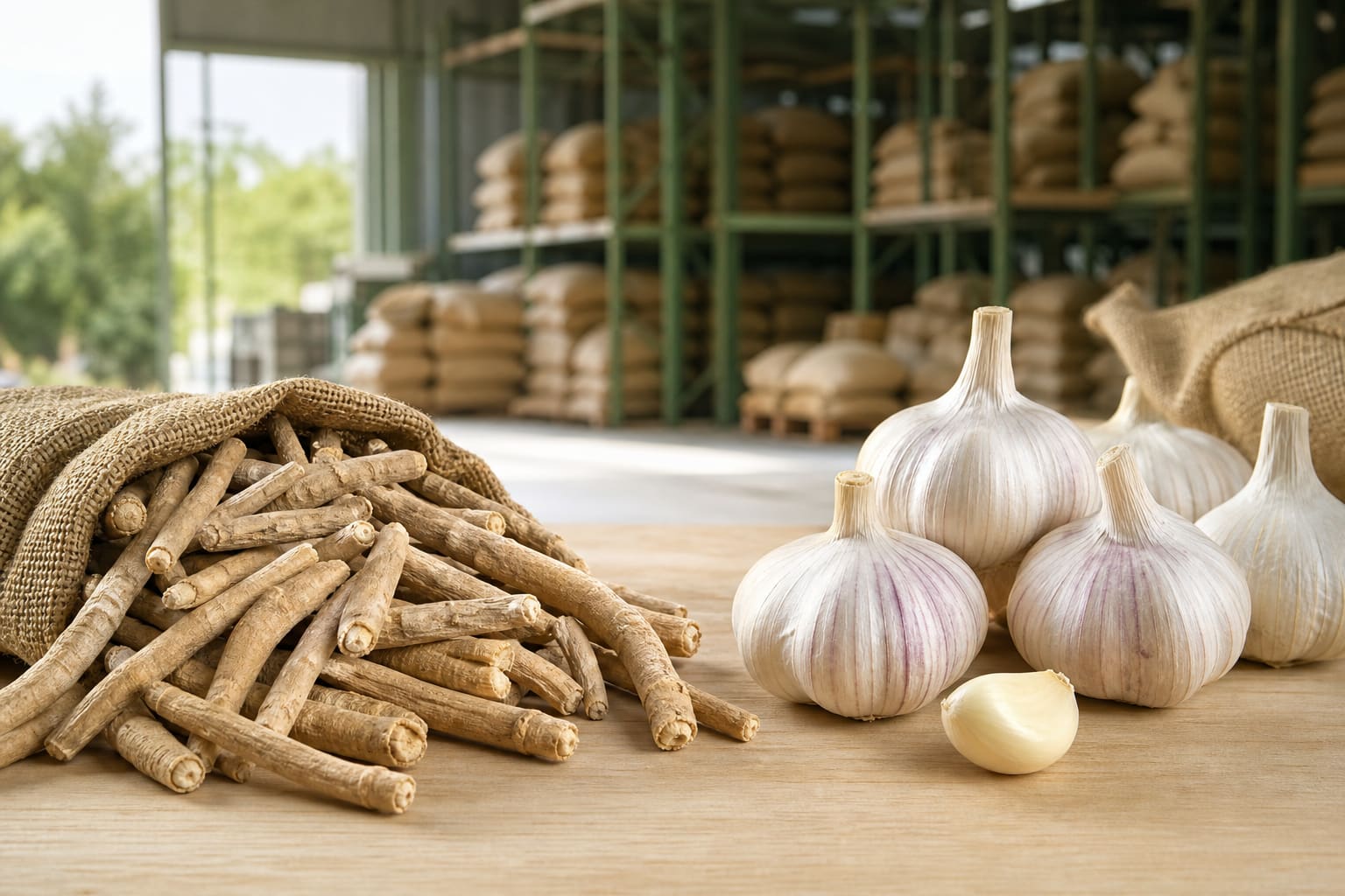 Dried Ashwagandha roots and garlic arranged for wholesale agricultural supply